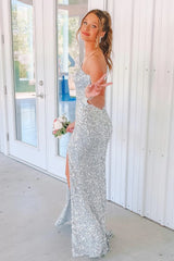 One Shoulder Silver Sequin Prom Dresses Mermaid Formal Gown