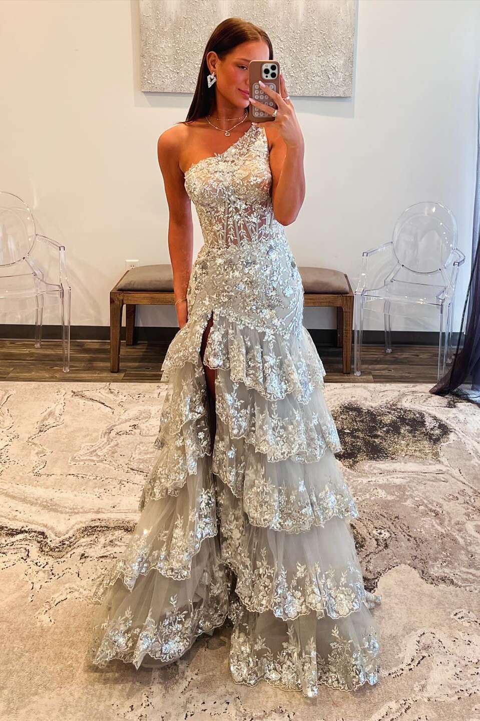 One Shoulder Sequin Silver Tiered Long Formal Dress Gold / US20W One Shoulder Sequin Silver Tiered Long Formal Dress Gold / US20W