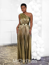 One Shoulder Women Metallic Wedding Guest Dress Pleated Sleeveless