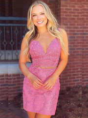 Pink Two Piece Homecoming Dresses Lace Tight V-neck Sleeveless