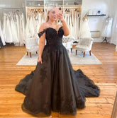 Plus Size Black Gothic Wedding Dress A-line Off The Shoulder Tulle - MyChicDress
