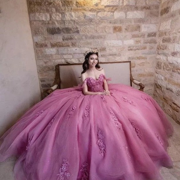 Lace Appliqué 3D Flower Plus Size Quinceanera Dress Off Shoulder