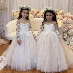 Pretty Flower Girl Dresses Lace A-line Long Sleeves Wedding Party Dress