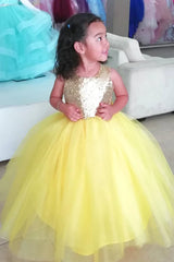 Pretty Yellow Tulle Flower Girl Dress Sequin Tulle with Bowknot