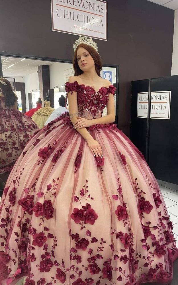 Princess Burgundy Quinceanera 15 Dresses Crystals With 3D Flowers US8 / Custom Color Princess Burgundy Quinceanera 15 Dresses Crystals With 3D Flowers US8 / Custom Color