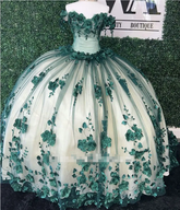 Princess Ball Gown Green Quince Dresses Floral Beaded Crystals Off the Shoulder MyChicDress
