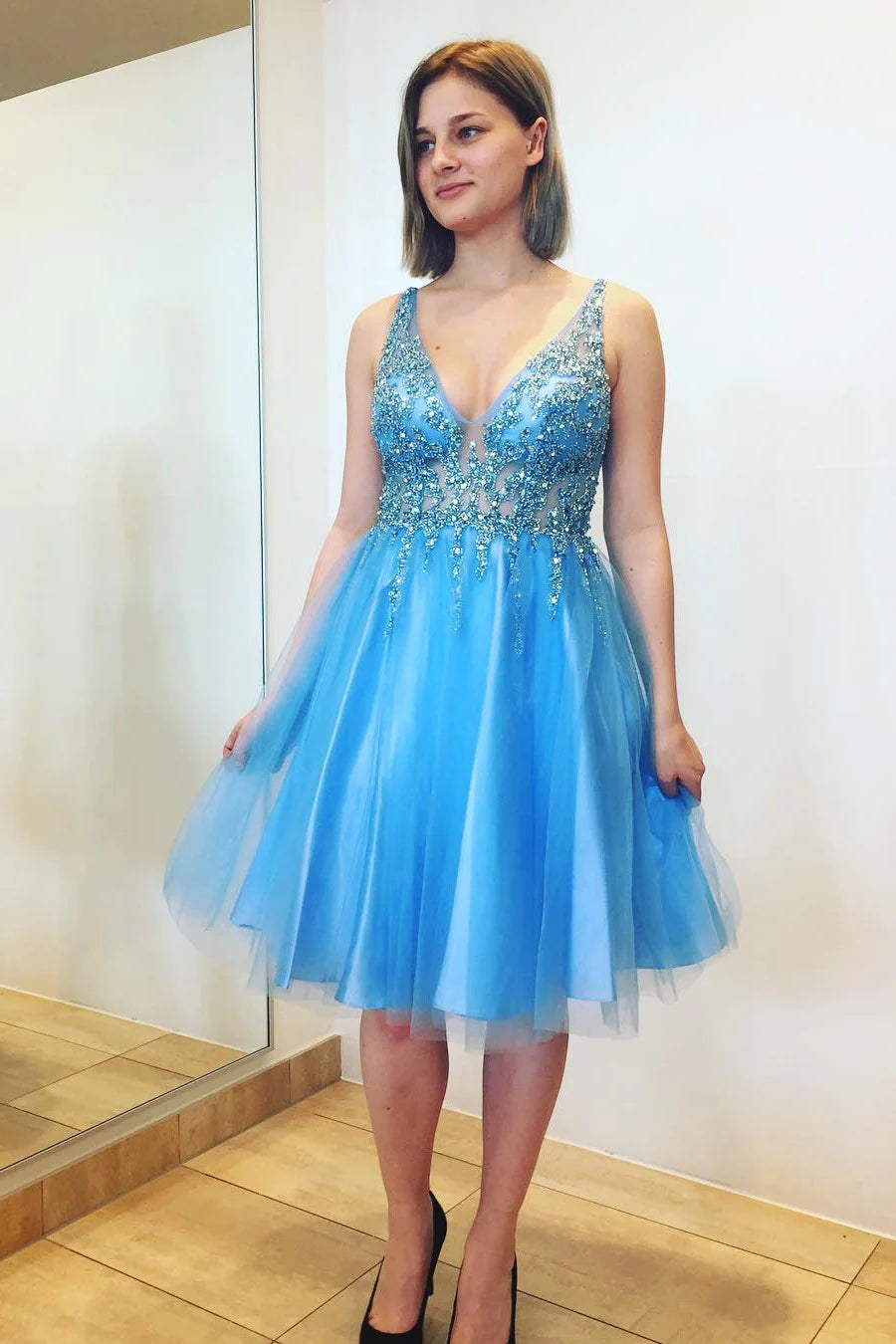 Princess Blue Homecoming Dress Short V Neck Knee Length Hoco Dress Blue / US2 Princess Blue Homecoming Dress Short V Neck Knee Length Hoco Dress Blue / US2