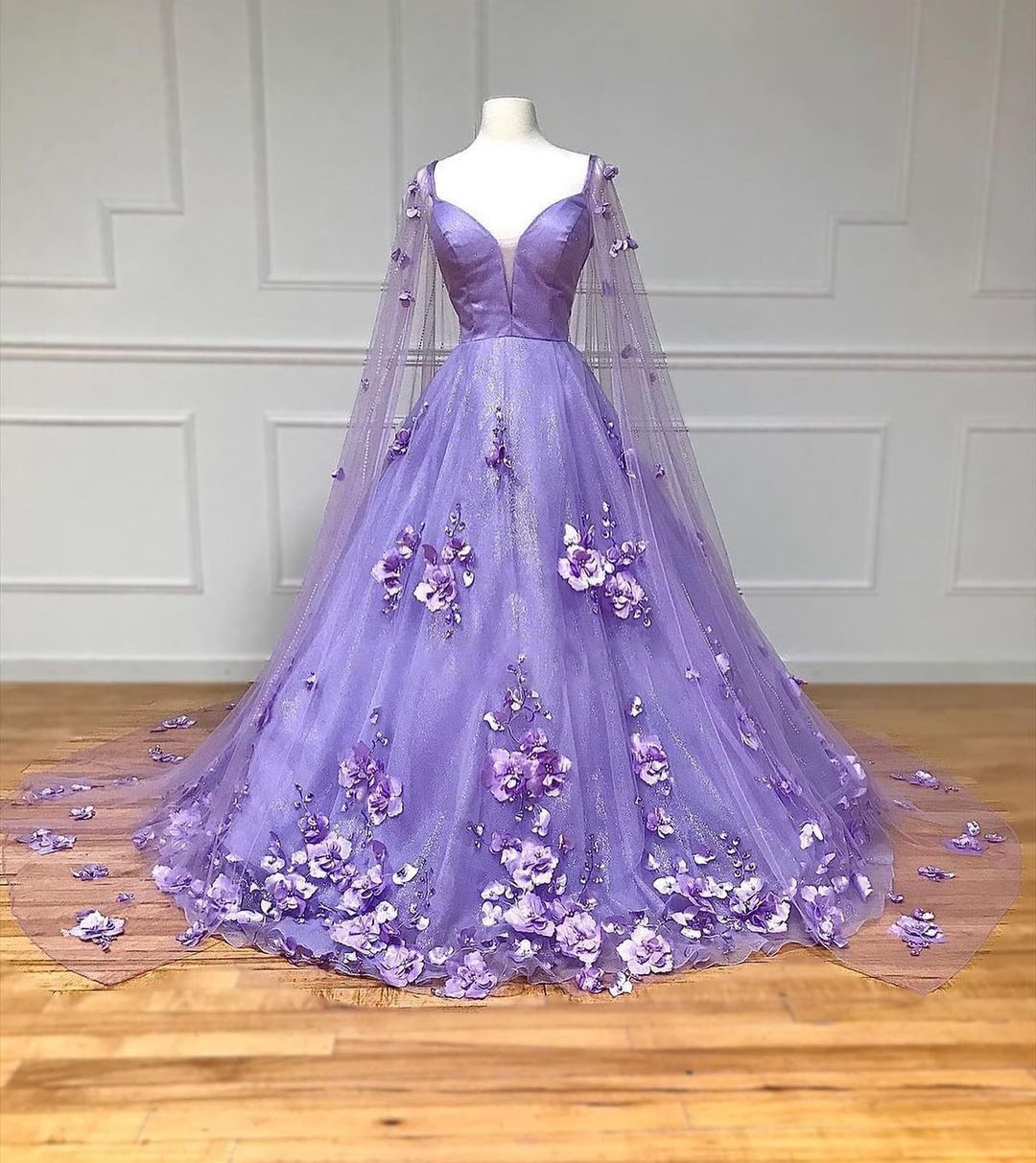 Princess Lavender Prom Dress 3D Flowers Tulle Formal Dress with Cape Blue / US10 Princess Lavender Prom Dress 3D Flowers Tulle Formal Dress with Cape Blue / US10