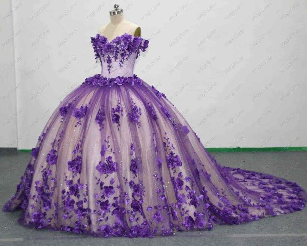 Princess Purple 3D Flower Quinceanera Dress Off The Shoulder Ball Gowns US18W / Custom Color Princess Purple 3D Flower Quinceanera Dress Off The Shoulder Ball Gowns US18W / Custom Color