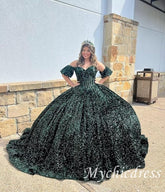 Princess Dark Green Quinceanera Dresses Sequin Bow with Bubble Sleeves Mychicdress