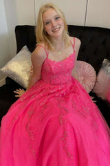 Princess Hot Pink Prom Dresses 2024 Appliqués Backless Long Formal Dress
