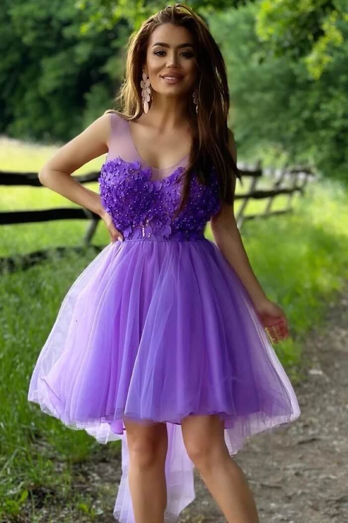 Purple Short Homecoming Dress Hi-Low Flowers V Neck Hoco Dress