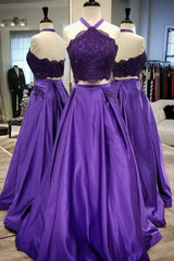 Purple 2 Piece Lace Prom Dress Halter Long Evening Gowns With Pockets
