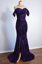 Purple Sparkly Long Formal Dress Mermaid Off-Shoulder Slit - MyChicDress