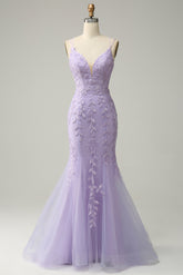 Purple Violet Lace Applique Prom Dress Long Mermaid Evening Gown UK - MyChicDress