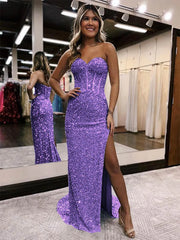 Purple Violet Prom Dresses Velvet Sequin Sweetheart Sleeveless Long