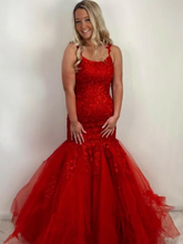 Red Lace Prom Dresses Mermaid Evening Gown UK with Ruffles MYCHICDRESS