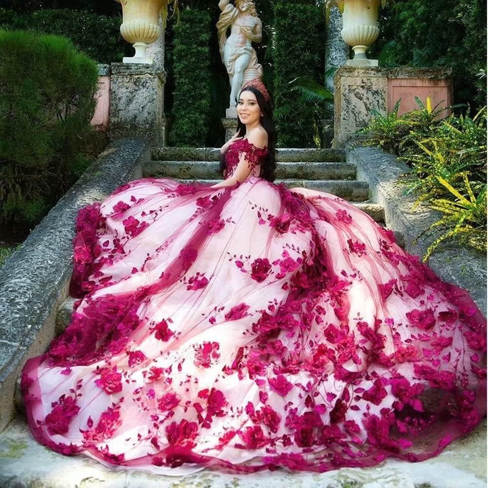 Red Lace Quinceanera Dress Off Shoulder Corset Vestidos de XV Años Pearls Flowers US14W / Custom Color