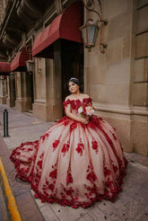 Red Lace Quinceanera Dresses Ball Gown Off shoulder Sweet 16 Party Dress MyChicDress