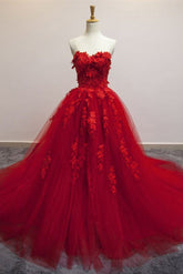 Red Sweetheart Prom Dresses Tulle Applique Ball Gown Quinceanera Dresses MyChicDress