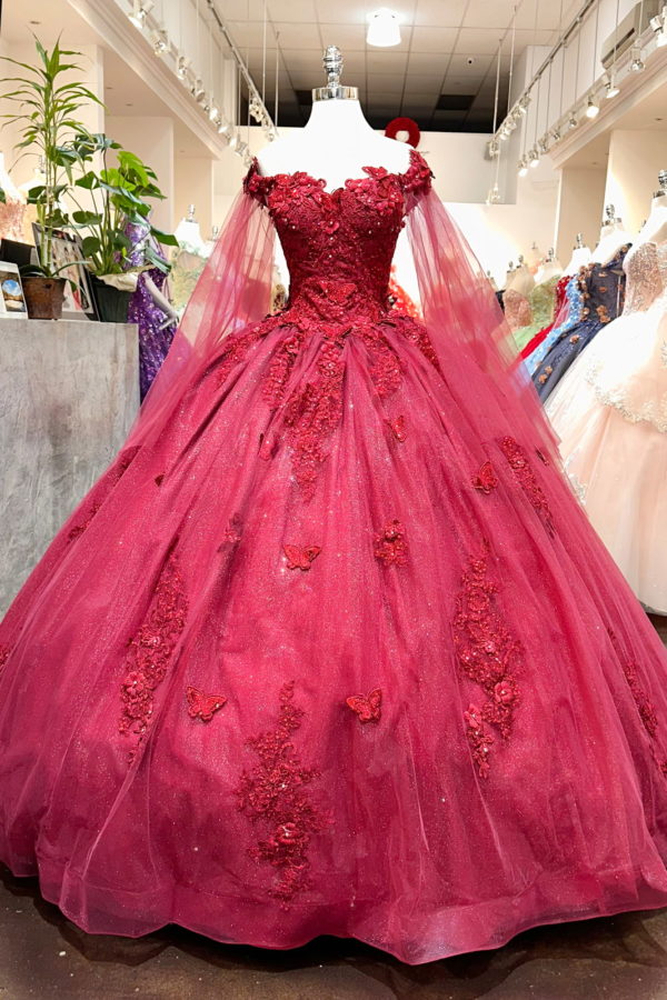 red quinceaera dresses with flowers Quinceanera Dress Red Lace Off Shoulder Corset Pearls Flowers, Burgundy / 4