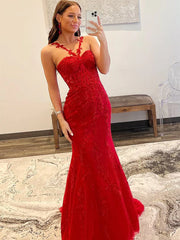 2024 Red Lace Prom Dresses Mermaid Sleeveless Formal Evening Dresses UK