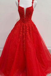 Red Long Prom Dress Lace Appliques A Line Evening Dress UK - MyChicDress