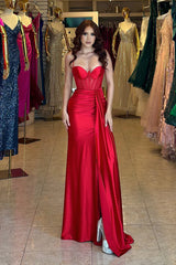 Red Long Prom Evening Dress Satin Sleeveless Formal Dress