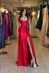 Red Long Prom Evening Dress Satin Sleeveless Formal Dress