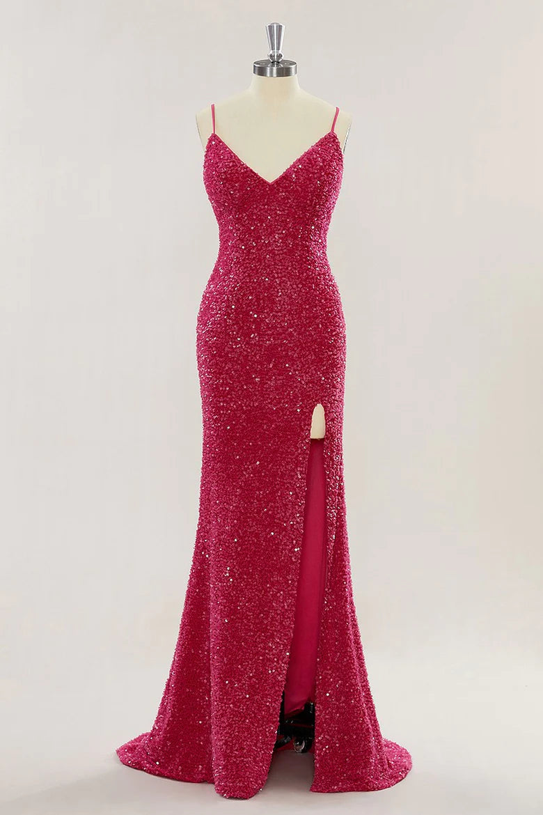 Custom Red Prom Dress Sequins Mermaid Long Evening Dress with Slit MyChicDress Custom Red Prom Dress Sequins Mermaid Long Evening Dress with Slit MyChicDress