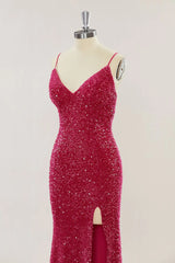 Custom Red Prom Dress Sequins Mermaid Long Evening Dress with Slit