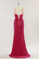 Custom Red Prom Dress Sequins Mermaid Long Evening Dress with Slit