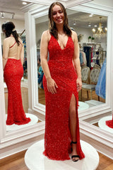 Red Sequins Evening Dress UK Criss Cross Back Long Formal Dress