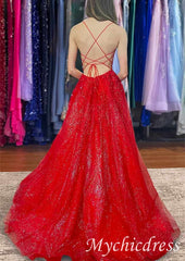 Red V Neck Lace Sequin Prom Dresses with split