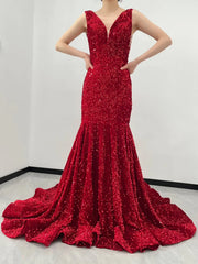 Red Velvet Sequin Prom Dresses Straps V Neck Mermaid Evening Dress