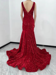 Red Velvet Sequin Prom Dresses Straps V Neck Mermaid Evening Dress