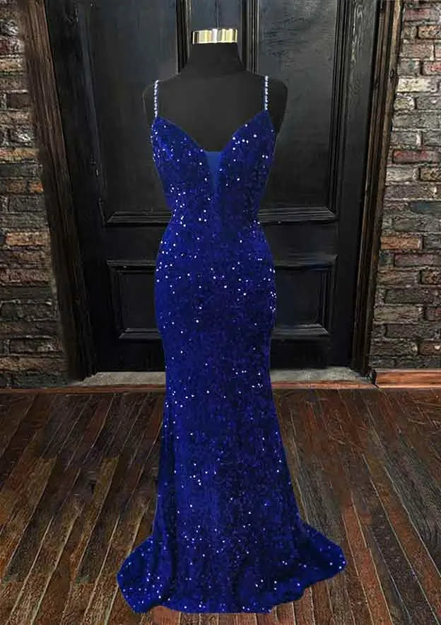 Royal Blue Sequin Beaded Mermaid Prom Dresses Spaghetti Straps Burgundy / Custom Size Royal Blue Sequin Beaded Mermaid Prom Dresses Spaghetti Straps Burgundy / Custom Size