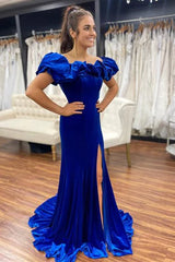 Royal Blue Long Formal Dress Winter Velvet Ruffle Off Shoulder with Slit