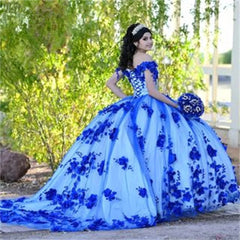 Royal Blue Quinceanera Dresses Princess Beaded Pearls Sweet 15 Dress 3D Flowers