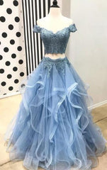 Ruffles Two Pieces Blue Lace Prom Dress Off Shoulder