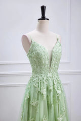 Sage Green Long Prom Dresses Lace Appliques V Neck Lace-Up
