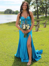Satin Blue Corset Formal Prom Dresses with Beaded - MyChicDress
