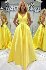 Satin Long 2024 Prom Dress Yellow A Line Formal Dress V Neck With Pocket