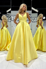 Satin Long 2024 Prom Dress Yellow A Line Formal Dress V Neck With Pocket