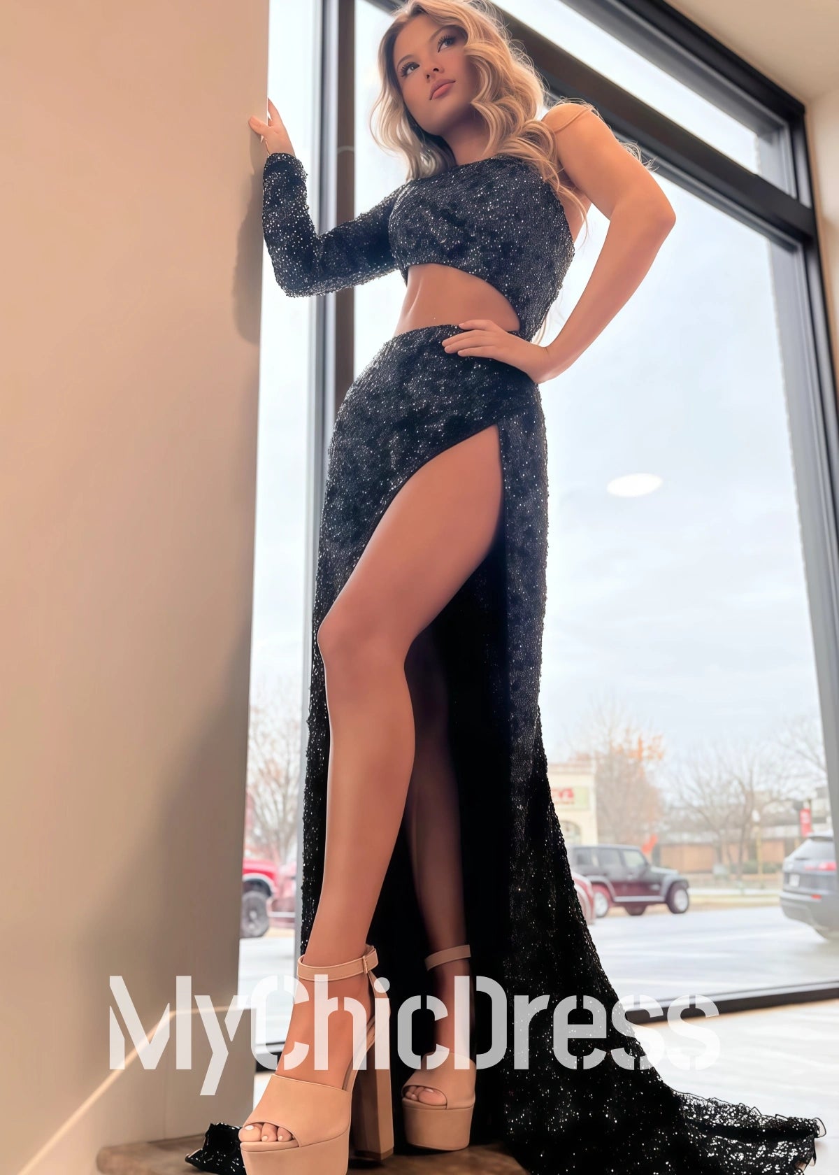 Sequins One-Sleeve Black Formal Dresses Cutout Long Prom Dress with Slit US4 / Black Sequins One-Sleeve Black Formal Dresses Cutout Long Prom Dress with Slit US4 / Black
