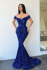 Sequins Royal Blue Prom Dress Off Shoulder Mermaid Evening Gown - MyChicDress