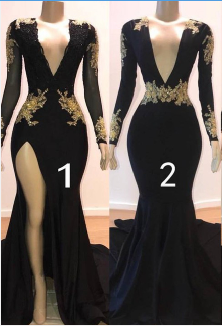 Sexy Long Sleeve Black Gold Prom Dresses V Neck Appliques Formal Dress Black Gold / 2 / Custom Size Sexy Long Sleeve Black Gold Prom Dresses V Neck Appliques Formal Dress Black Gold / 2 / Custom Size