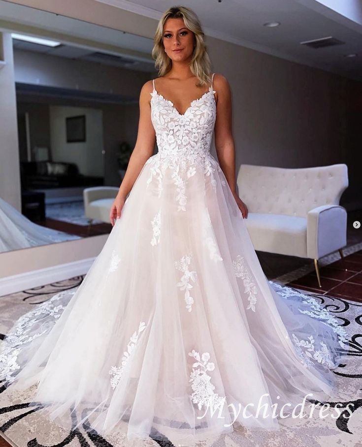 Sexy Country Wedding Dress Lace Appliqued A-line Bridal Gown Custom Size / White