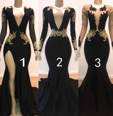 Sexy Long Sleeve Black Gold Prom Dresses 2024 V Neck Appliques Formal Dress