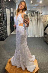Sexy Mermaid Sequin White Long Prom Dresses Plunging Neck Cutout Waist